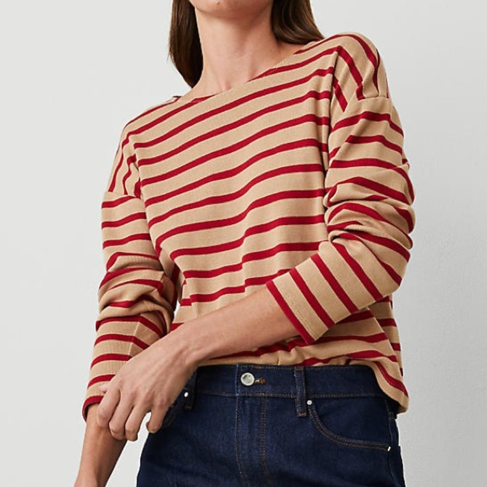 Ann Taylor Beige and Red Striped Boatneck Long-Sleeve Top XL